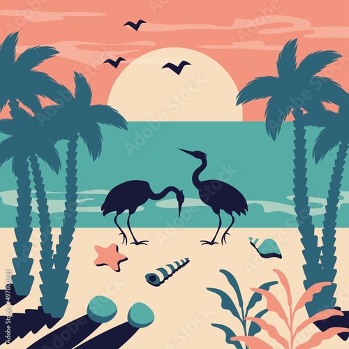 Tropical Landscape vintage. Summer beach background. Beautiful seascape with silhouettes of exotic palms, flamingo, starfish, seashells, coconuts. Vector flat illustration for travel card, holiday