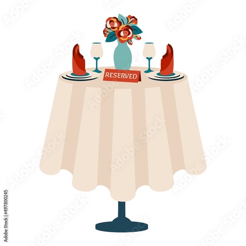 Beautiful romantic dinner. Romantic setting. Reserved table for two with white tablecloth, cutlery, glasses  for wine, bouquet of flowers, rose, napkins. Vector cartoon illustration isolated