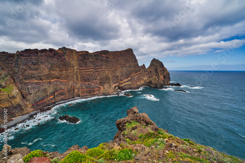 Ponta de Sao Lourenco, Madeira,Portugal. Beautiful scenic mountain view of green landscape,cliffs and Atlantic Ocean.