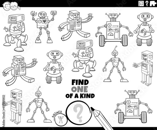 one of a kind task with cartoon robots coloring book page