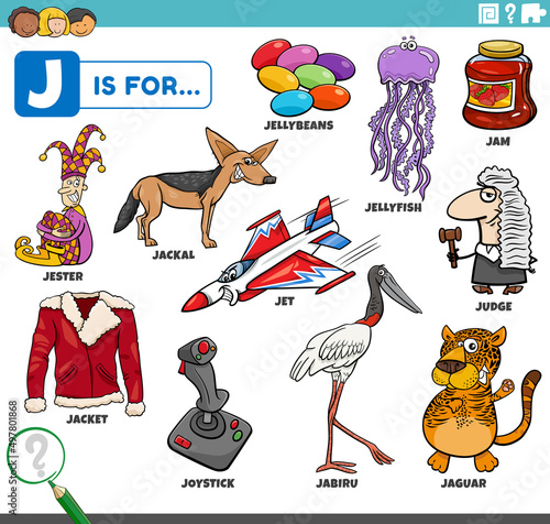 letter j words educational set with cartoon characters