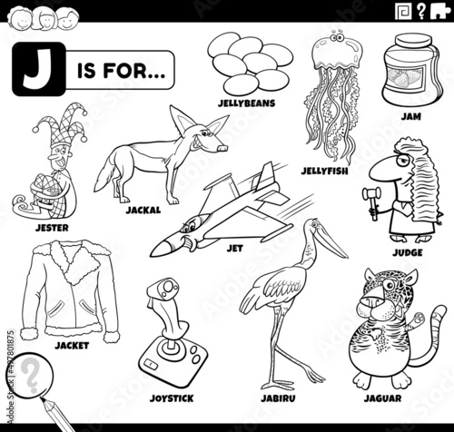 letter j words educational set coloring book page