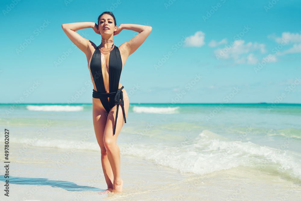 Showing off her beach body. Shot of a beautiful young woman in her bathing suit at the beach. Showing off her beach body. Shot of a beautiful young woman in her bathing suit at the beach.