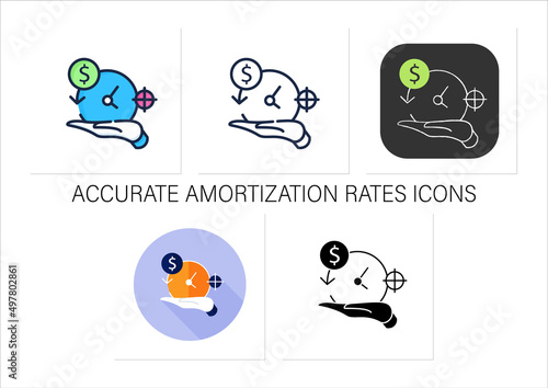 Asset management icons set. Accurate amortization rates. Expensing cost process. Calculation loan payment amount.Collection of icons in linear, filled, color styles.Isolated vector illustrations