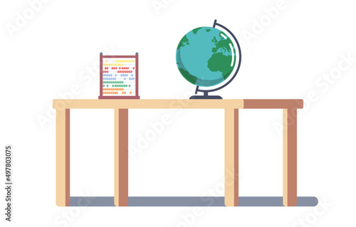 Childrens room desk and abacus, earth globe concept flat vector illustration.