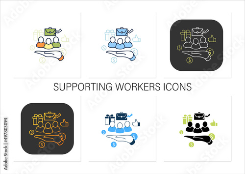 Supporting workers icons set. Supporting unpaid care workers. Caring about employees. Universal basic income concept.Collection of icons in linear, filled, color styles.Isolated vector illustrations