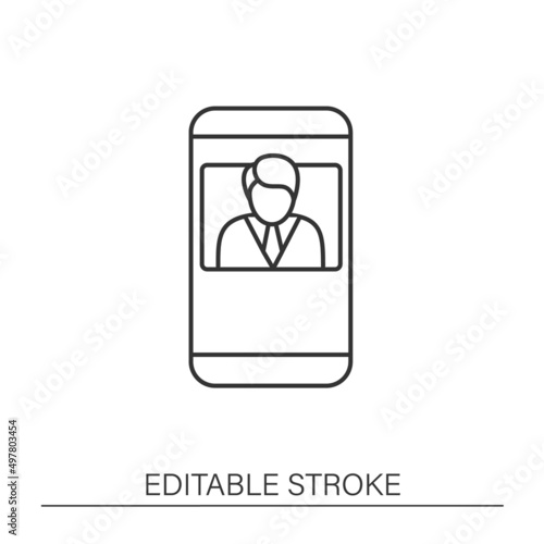  Smartphone application line icon. Telemedicine, health care. Virtual doctor consultation. Online medical examinations.Telehealth concept. Isolated vector illustration. Editable stroke