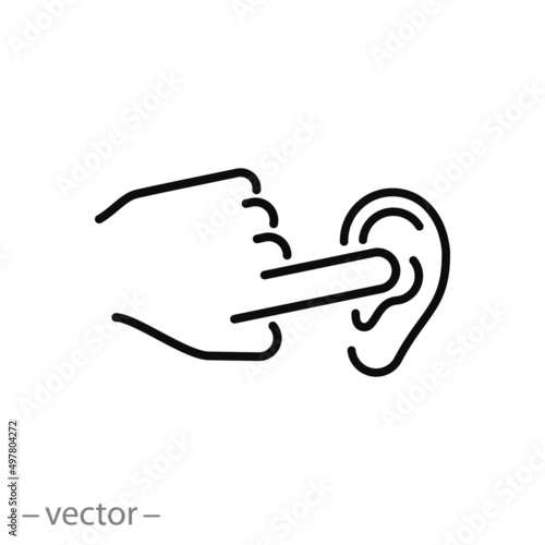 ear covered with a finger icon, human closed from noise, tinnitus, thin line symbol on white background - editable stroke vector illustration