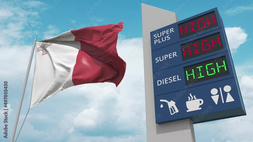 Gas station sign board with rising fuel prices and national flag of