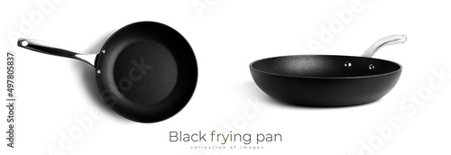 Black frying pancake pan isolated on white background