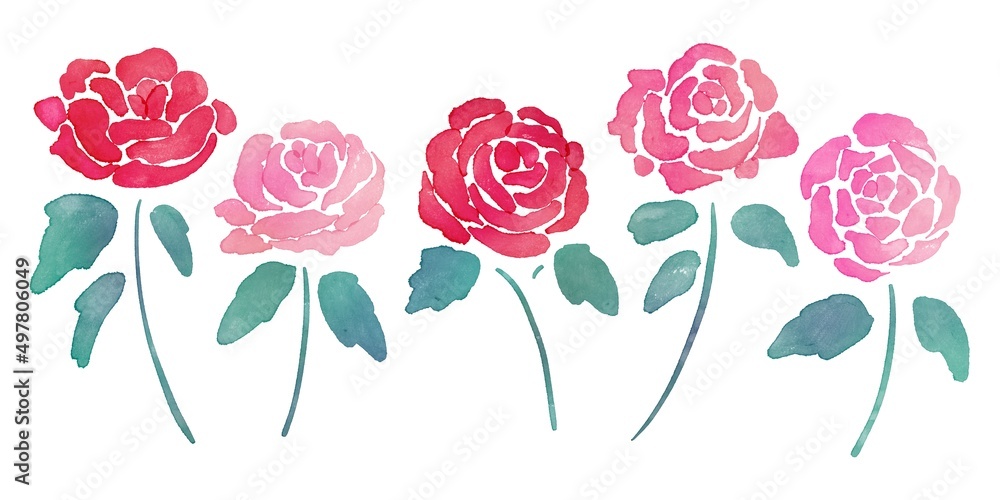 Naklejka premium 水彩画。水彩タッチの薔薇イラスト。手描き透明水彩の薔薇のセット挿絵。Watercolor painting. Rose illustration with watercolor touch. Hand painted transparent watercolor rose set illustration.