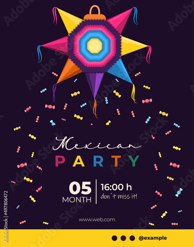 Poster de fiesta mexicana con piñata y muchos dulces coloridos