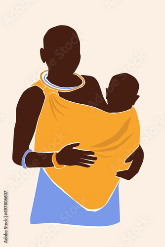 Abstract contemporary portrait of a young African woman with a child in national ethnic clothing. Vector graphics.