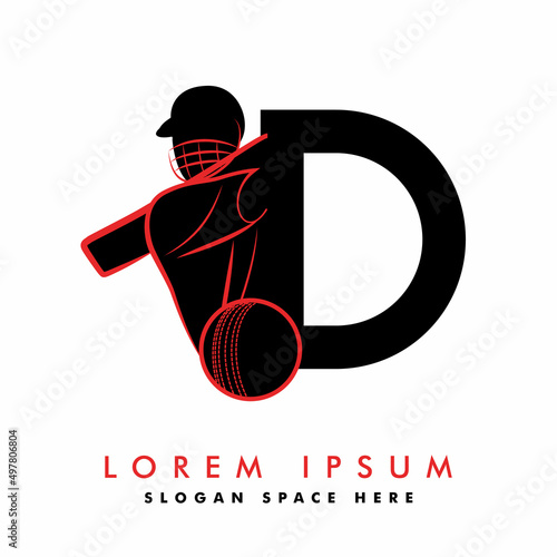 Modern D Letter with Cricket Sports Logo Template Design. Cricket player logo design. Cricket batting vector design. Batsman logotype, Vector logo for Cricket game, Cricket logo Vector