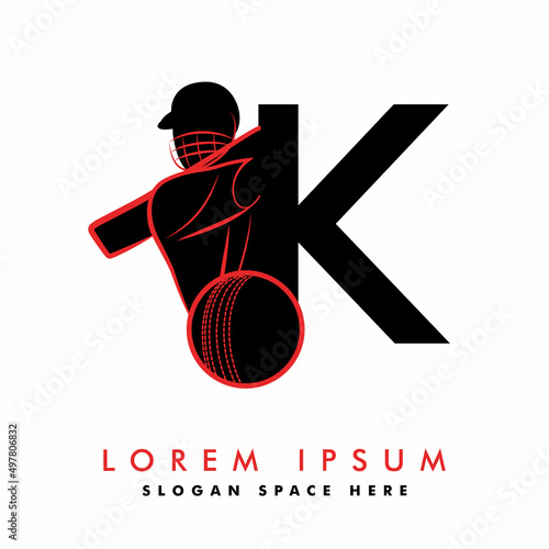 Modern K Letter with Cricket Sports Logo Template Design. Cricket player logo design. Cricket batting vector design. Batsman logotype, Vector logo for Cricket game, Cricket logo Vector