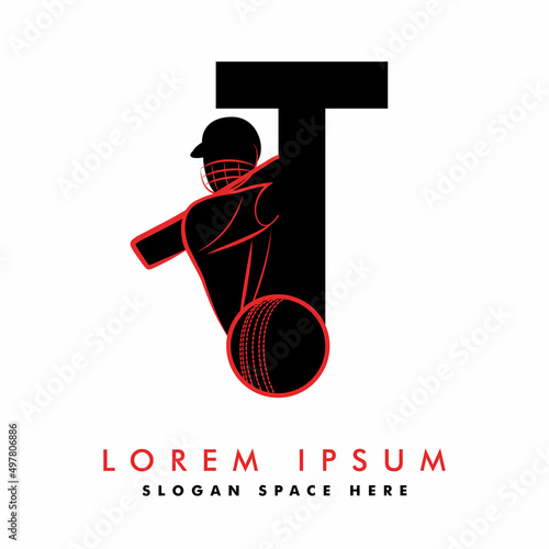 Modern T Letter with Cricket Sports Logo Template Design. Cricket player logo design. Cricket batting vector design. Batsman logotype, Vector logo for Cricket game, Cricket logo Vector