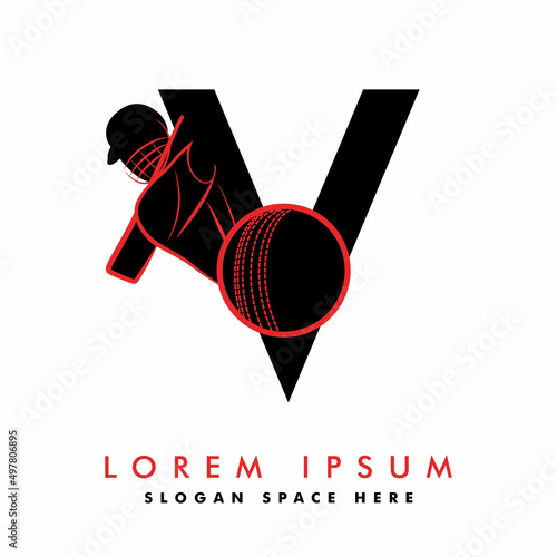 Modern V Letter with Cricket Sports Logo Template Design. Cricket player logo design. Cricket batting vector design. Batsman logotype, Vector logo for Cricket game, Cricket logo Vector