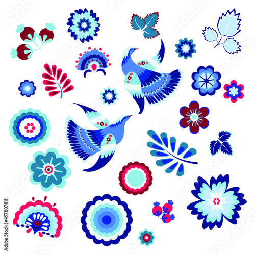 Vector drawing with a decorative pattern depicting two fairy-tale birds and geometric flowers in blue, blue and burgundy.
