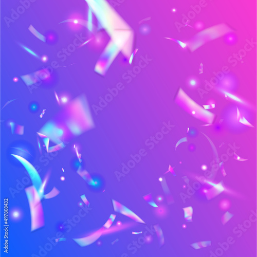 Light Confetti. Disco Prismatic Illustration. Blue Party Effect. Kaleidoscope Glare. Laser Burst. Flying Foil. Iridescent Background. Digital Art. Violet Light Confetti