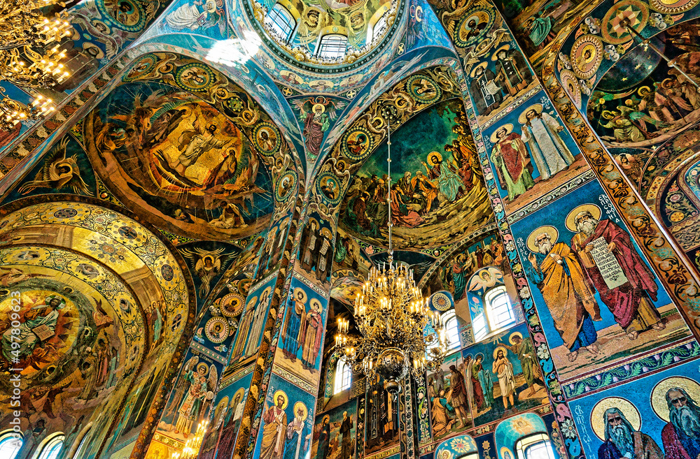 Saint Petersburg Russia. Russian Orthodox Church of the Saviour on Spilled Blood. Interior mosaics beneath the central dome