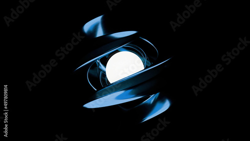 Bilde på lerret Glowing abstract large metal spiral rotating around a white static sphere