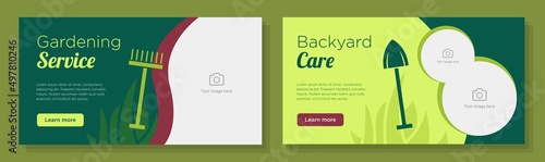 Gardening service online banner template set, backyard working company advertisement, horizontal ad, lawn mowing job campaign webpage, flyer, creative brochure, isolated on background
