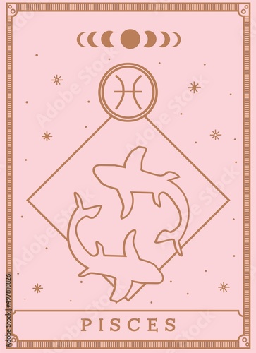 Pisces horoscope and zodiac constellation symbol Minimalist Vector tarot card for tarot reader	