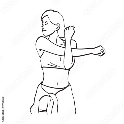 fitness woman stretching her hands illustration vector hand drawn isolated on white background line art.