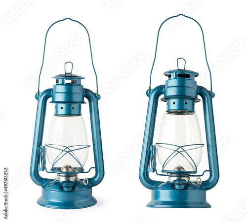 metal hanging hurricane gas lanterns, camping light or interior decoration glass oil lamp, isolated on white background, collection in different angles