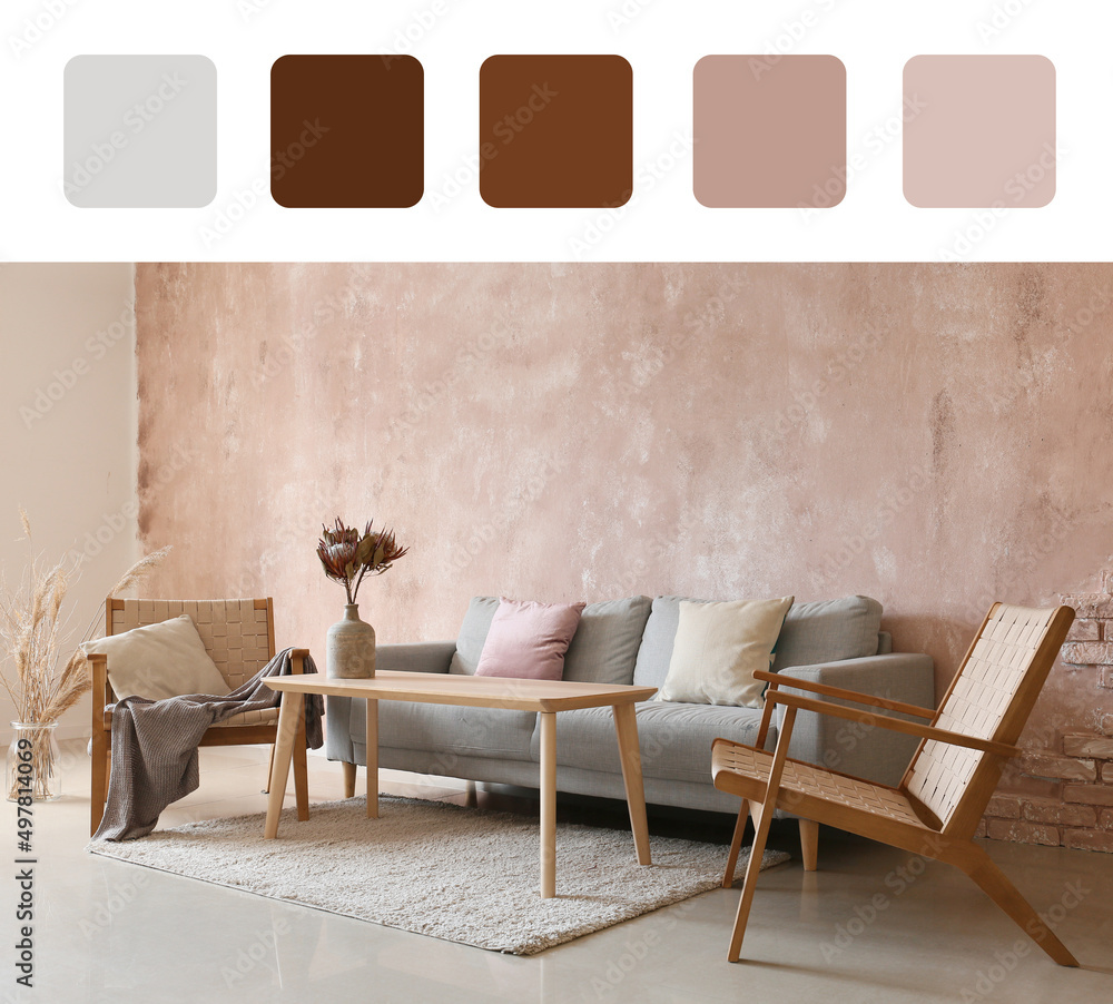Fototapeta premium Interior of modern living room with sofa and armchairs. Different color samples