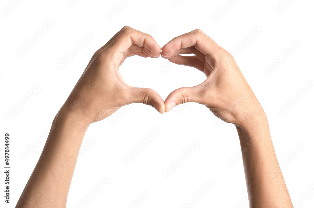 Male hands making heart shape on white background Male hands making heart shape on white background