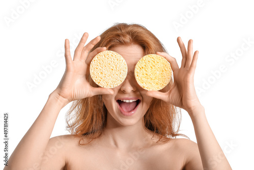 Happy woman with makeup spo...