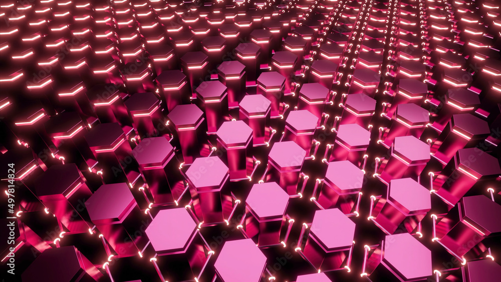 Fototapeta premium Futuristic 3d field with geometric waves. Design. Surface of 3d rising hexagons. Hexagons rise in waves on surface