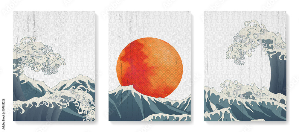 Oriental art background with ocean or sea waves and red sun. Japanese style  poster set for decor, interior design, wallpaper, packaging Stock Vector |  Adobe Stock