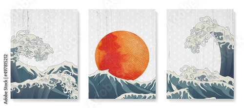 Oriental art background with ocean or sea waves and red sun. Japanese style poster set for decor, interior design, wallpaper, packaging