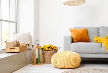 Interior of modern living room with comfortable sofa, Chrysanthemum flowers and pouf