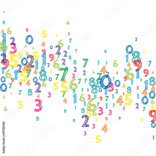 Falling colorful orderly numbers. Math study concept with flying digits. Pretty back to school mathematics banner on white background. Falling numbers vector illustration.