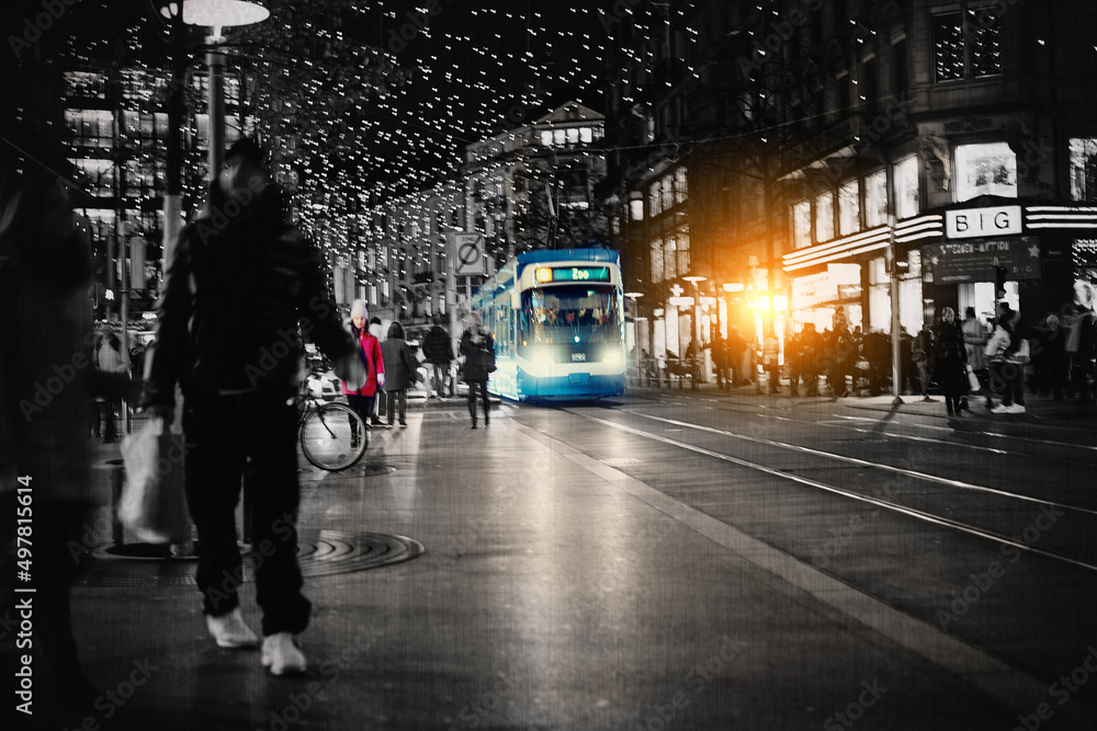 Public transport, 24hrs a day. Digitally manipulated shot of a busy city street at night.