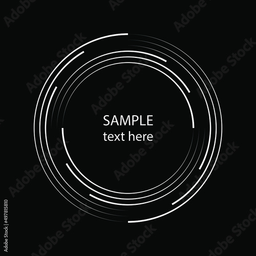 White speed lines in circle form. Trendy design element for frame, round technology logo, sign, symbol, web, prints, posters, template, pattern and abstract background