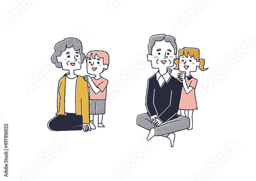 孫と触れ合うお年寄りのセット　コミカルな手書きの人物　ベクター、線画にカラー