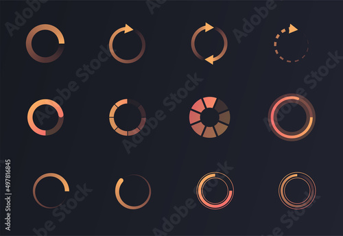 Loading circle set. Collection of elements for games and applications, website design. Icons for social networks and messengers. Cartoon flat vector illustrations isolated on black background
