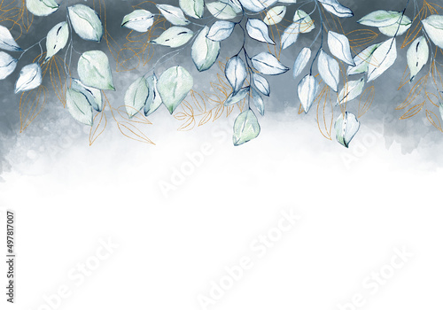 Fototapeta Naklejka Na Ścianę i Meble -  Pale leaves - botanical design banner. Floral pastel watercolor border frame.