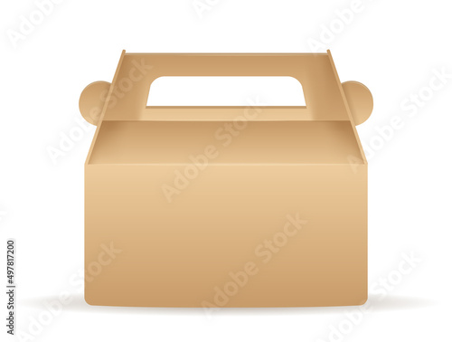 Paper packaging bag with handle. Set of fast food for children and adults, convenient box to keep temperature. Natural materials and care for nature and planet. Cartoon isometric vector illustration