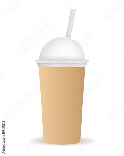 Paper packaging mug. Cocktails and sweets, inventory for restaurants. Summer smoothies and cold drinks. Comfortable vacation in tropical and exotic countries. Cartoon isometric vector illustration