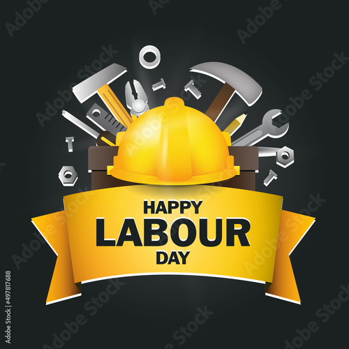 happy labour day Simple poster or banner with 3D ilustration labor equipment on black background premium vector