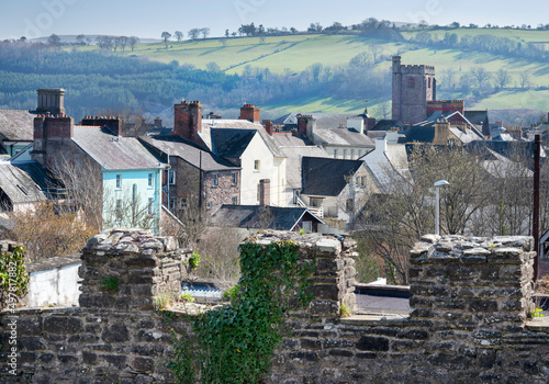 Brecon town and trditional Welsh houses,,viewed from the churchyard grounds of Brecon Cathedral Church,Powys,South Wales,UK. photo