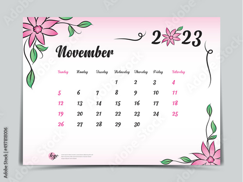 Calendar 2023 template on pink flowers background, November 2023 template, Monthly calendar planner artwork, Desk calendar 2023 design, Wall Calendar design, Poster, simple, vector eps10
