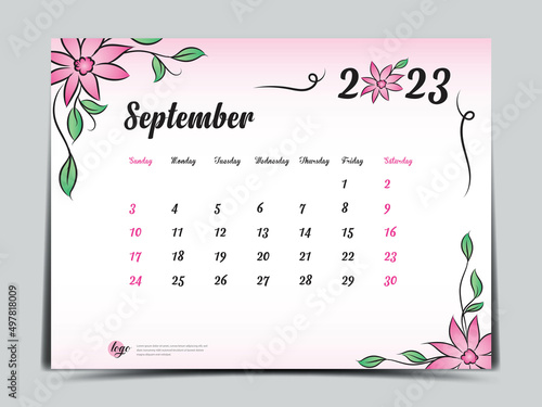 Calendar 2023 template on pink flowers background, September 2023 template, Monthly calendar planner artwork, Desk calendar 2023 design, Wall Calendar design, Poster, simple, vector eps10