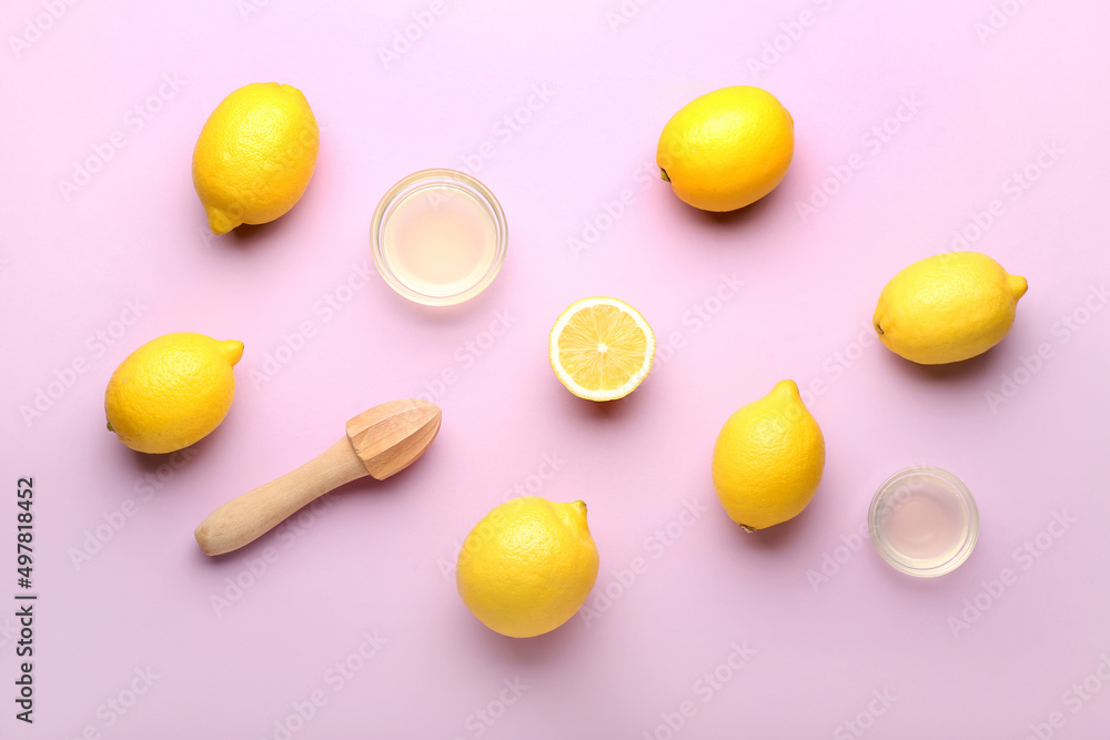 Composition with ripe lemons, wooden juicer and bowls of juice on color background Composition with ripe lemons, wooden juicer and bowls of juice on color background
