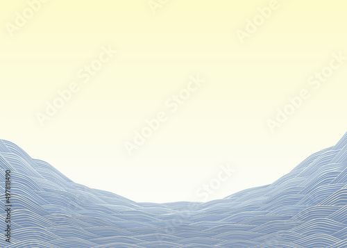 日本の伝統模様。水平線がカーブしている穏やかな海の青海波のイラスト